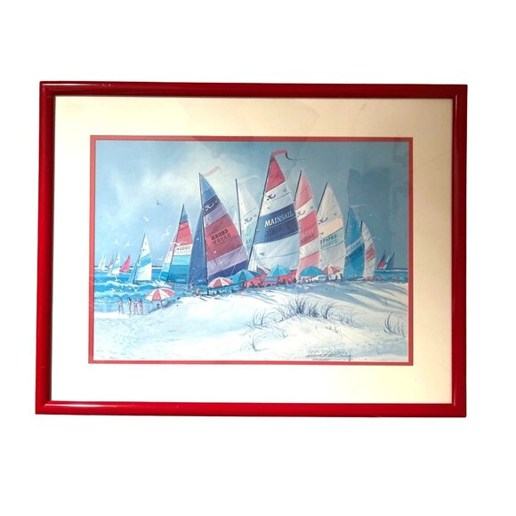 Richard E. Williams Retro 90's Red Framed Beach Boats Artist Signed Lithograph - Picture 11 of 16